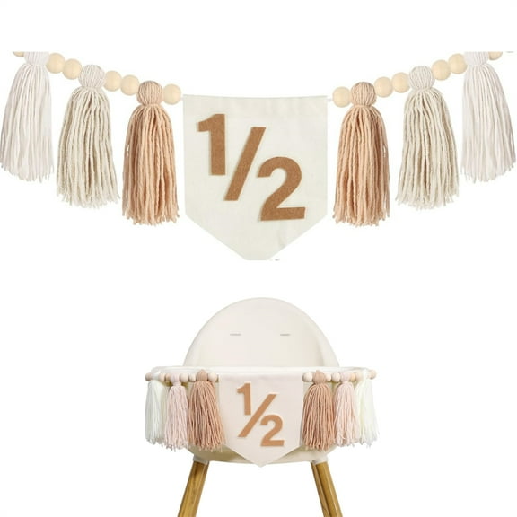 Scheam Beige Theme Half Birthday Banner,Tassel Wood Bead High Chair Banner,Boho Party Photo Backdrop,6 Month 1/2 Birthday Baby Shower Decorations 1 Pcs