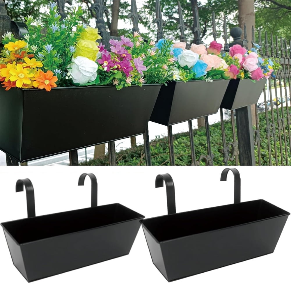 Countryside Railing Planter Scheam Black Rectangular Railing Planter,2 Pcs Metal Hanging Flower ...