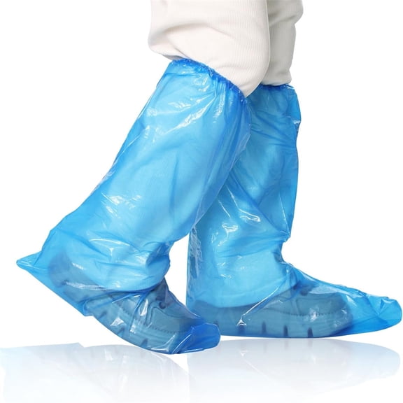 Scheam Blue Disposable Clear Plastic Shoe Covers,Thicker Waterproof Boot Covers,Anti-Slip Long Overshoe,Rainy Day Use Cover,for Men and Women One Size Fits All 50 Pcs (25 Pairs)