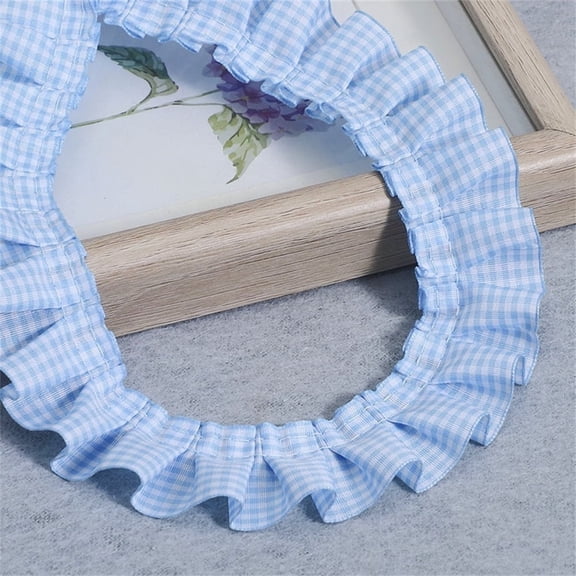 Scheam Blue Frilled Gingham Ribbon Trim 1.57" x 5yd Gingham Ruffle Pleated Lace Trim Checkered Fabric Edge Trimming for Sewing Bridal, Baby Clothes, Blankets, Pillows DIY Decorations