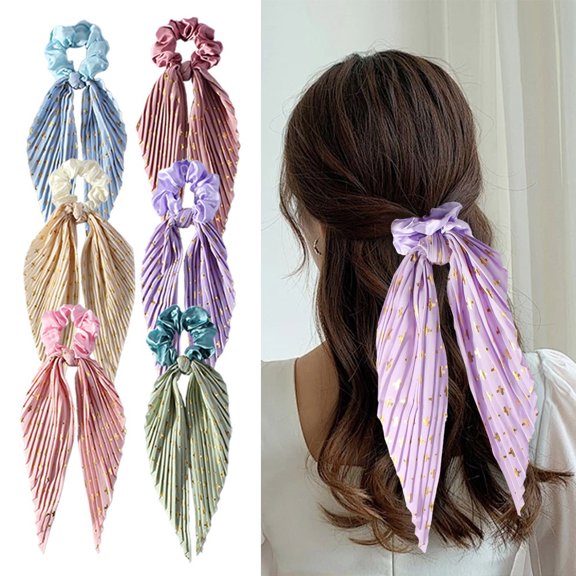 Scheam Bohemia Bow Elastic Hair Scrunchies,Elegant Chiffon Hair Ties with Long Ribbon Tail,Silky Satin Bow Hair Bands,Multicolor Ponytail Holder,Women Girls Hair Accessories 6 Pack