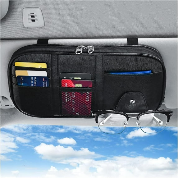 Scheam Car Sun Visor Organizer,Sunglass Holder and Storage Pocket, Card Cash Pouch with Multi-Pocket Net Zipper, Case Bag for License Pen Key, Auto Interior Accessories for SUV, Van ,Truck(Black)