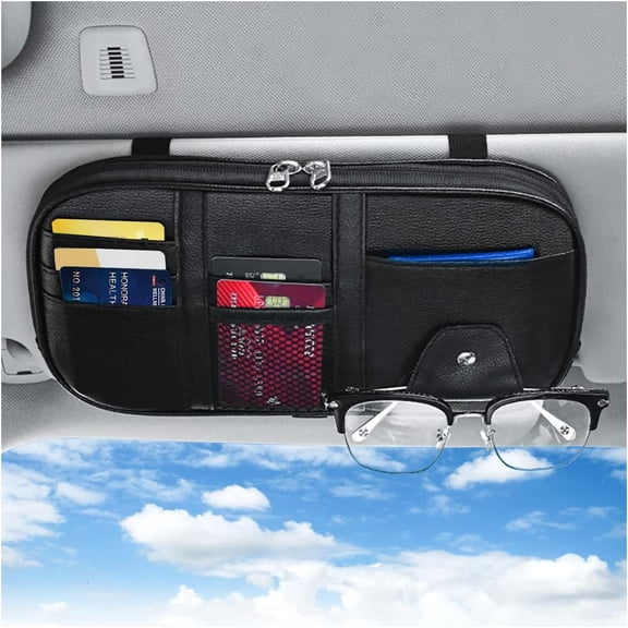 Scheam Car Sun Visor Organizer,Sunglass Holder and Storage Pocket, Card Cash Pouch with Multi-Pocket Net Zipper, Case Bag for License Pen Key, Auto Interior Accessories for SUV, Van ,Truck(Black)