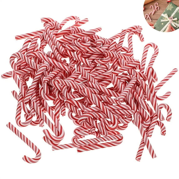 Scheam Christmas Fake Candy Ornaments 60 Pcs Red White Canes Polymer Clay Handmade Cane Craft 1.2" Mini Christmas Decorations for Home Holiday DIY Xmas Tree Hanging