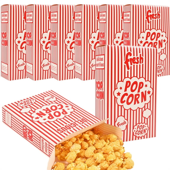 Scheam Close-Top Popcorn Boxes 20 Pcs Individual Servings Paper Popcorn Containers Red and White Striped Snack Bag Flat Bottom Leak Proof Chips Pouch for Christmas Movie Night Party