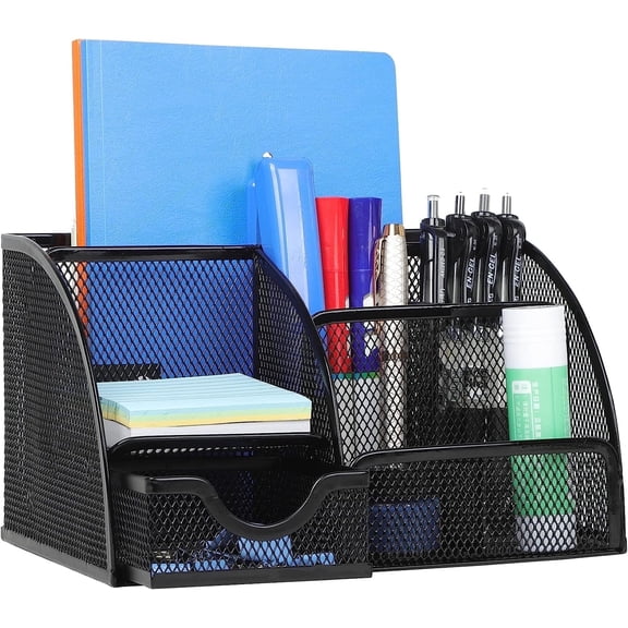 Scheam Desk Organizer Office Accessories, Multi-Functional Mesh Desk Organizer with 6 Compartments and 1 Drawer for Home, Office, Workshop, kitchen (Black)Metal