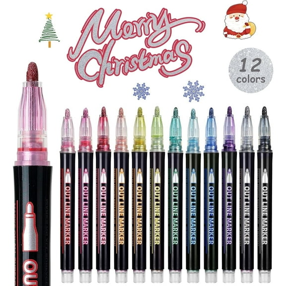 Scheam Double Line Outline Pens, 12 Colors Self-Outline Metallic Markers Glitter Writing Drawing Pens for Christmas Card Writing, Birthday Greeting, DIY Art Crafts for Christmas Gifts
