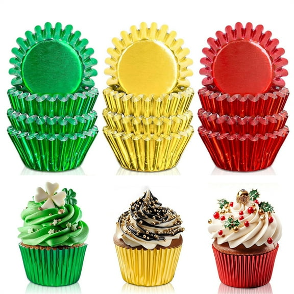 Scheam 300 Pcs Christmas Cupcake Liners Metallic Foil Muffin Baking Cups 1.3inch Mini Dessert Holders Treat Candy Chocolate Cups for Xmas Holiday Party Supplies (Red, Green, Gold)