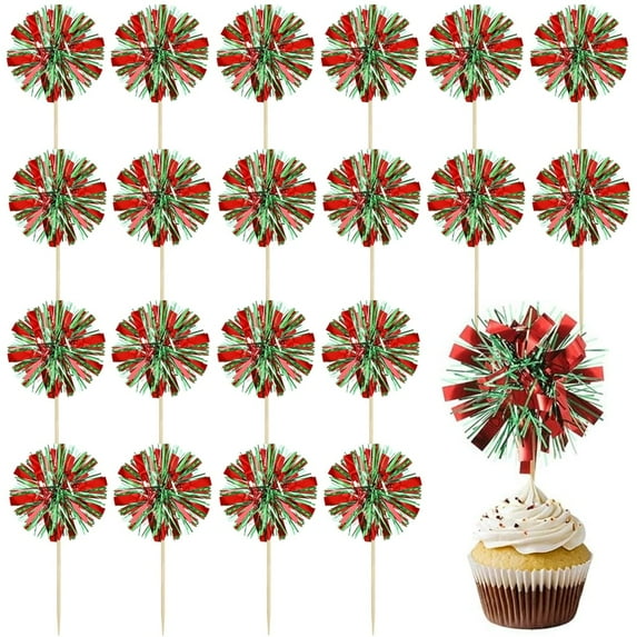 Scheam Foil Tinsel Cupcake Toppers 30 Pcs Sparkle Firework Cake Picks Tassel Cake Decorations Fruit Toothpicks Cocktail Drink Stirrers for Christmas New Year Birthday Party (Red Green)