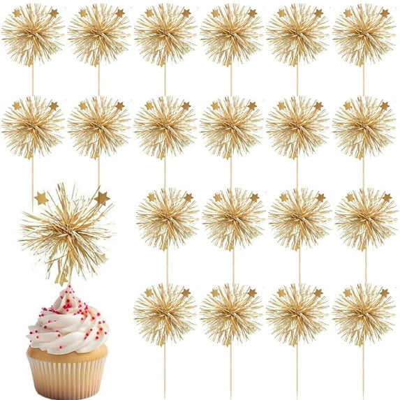 Scheam Foil Tinsel Cupcake Toppers 30 Pcs Sparkle Firework Cake Picks Tassel Cake Decorations Fruit Toothpicks Cocktail Drink Stirrers for Christmas New Year Birthday Party (Champagne)