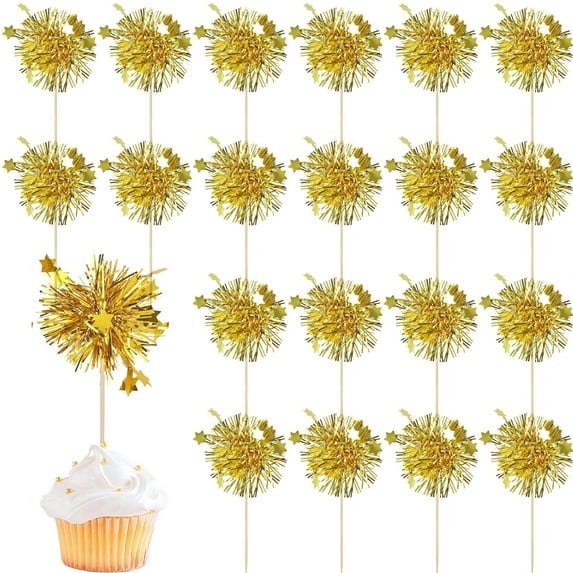 Scheam Foil Tinsel Cupcake Toppers 30 Pcs Star Sparkle Firework Cake Picks Tassel Cake Decorations Fruit Toothpicks Cocktail Drink Stirrers for Christmas New Year Birthday Party (Gold)