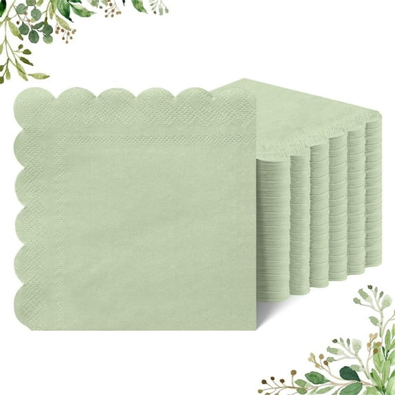 Scheam Folded Scalloped Cocktail Napkins Disposable Table Napkins Square Thick Sage Green Paper for Party Dinner Wedding Anniversary Birthday Reception Event 100 Pcs,Green