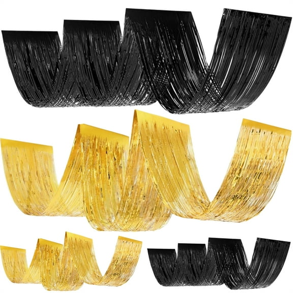 Scheam Gold & Black Fringe Ceiling Curtains,Plastic Sequin Ceiling Drapes,Metallic Foil Tassel Wave Ceiling Decorations,for Home Stage Party Graduation Decor (15Ft,4 Piece)