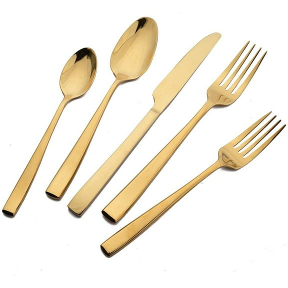 Scheam Gold Stainless Steel Cutlery Set,Set of 5 Matte Satin Finish Flatware Set,Modern Kitchen Utensils Set,Long Handle Forged Tableware,Dishwasher Safe,for Home Restaurant