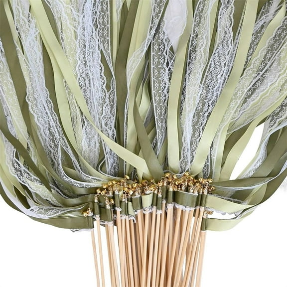Scheam Green Ribbon Wands Streamers,Lace Ribbon Stick with Bell,Silk Fairy Stick Whirl Wish Wands,for Wedding Party, Birthday and Holiday Activities 20 Pcs