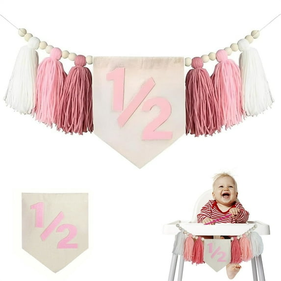 Scheam Half Birthday High Chair Tassel Decorations,1 Pcs Pink Theme Party Banner,Boho Wood Bead Banner for Baby Shower Photo Backdrop Wall Hanging Decorations (Pink)