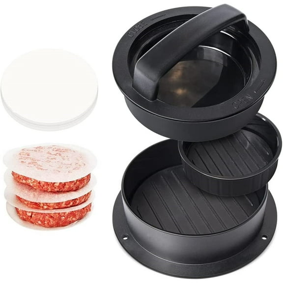 Scheam Hamburger Press and 50Pcs Wax Patty Papers, Hamburger Press Patty Maker, 3 in 1 Stuffed Burger Press Patty Maker, Patty Press for Stuffed Burgers, Grilling Accessories ,Black