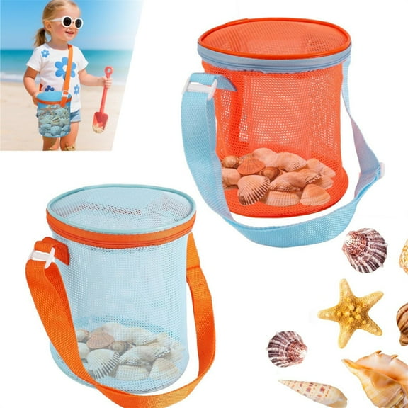Scheam Large Mesh Seashell Bags,2 Pack Beach Toys Storage Bucket with Zipper,Adjustable Shoulder Strap Sea Shell Bags,Beach Vacation Essentials,for Summer Outdoor Activities (Orange,Blue)