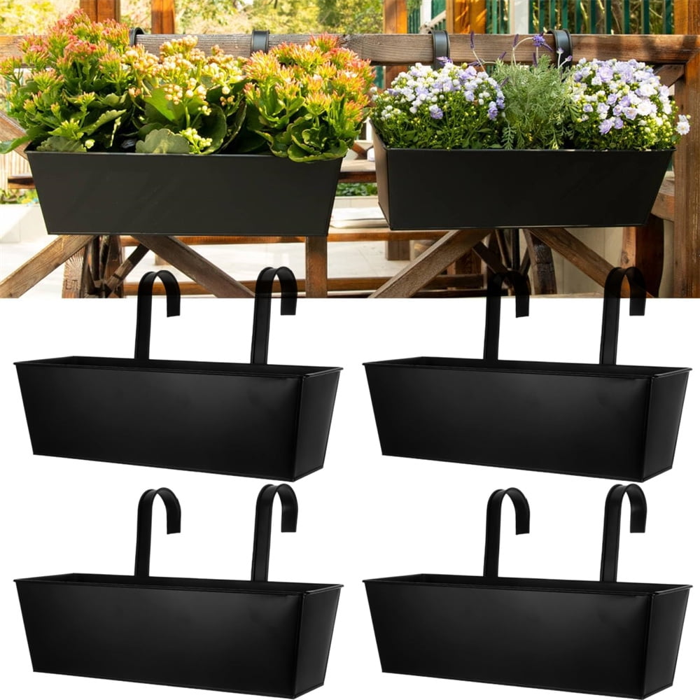 Scheam Metal Rectangular Railing Planter,4 Pcs Black Hanging Flower Pots with Detachable Hooks,Large Window Planter Boxes,Countryside Style Fence Flower Buckets,for Indoor Outdoor