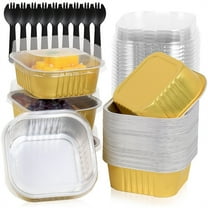 Scheam Mini Aluminium Foil Cake Box Set 30 Pcs Disposable Cake Pans with Lids and Spoons Square Baking Containers for Muffin Dessert Bread,Birthday Wedding Party Supply (Gold)