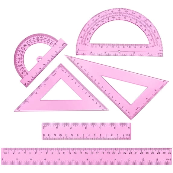 Scheam Pink Clear Ruler Math Set,Plastic Drafting Ruler,Includes Protractor Triangle Rulers 12 Inch 6 Inch Straight Ruler,Geometry Measuring Tool for Classroom Office Home 6 Pcs
