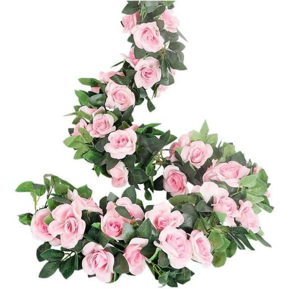 Scheam Pink Flower Garland,Artificial Silk Rose Vine,Faux Pink Rose Vine Plants,Ivy Plants Hanging Garland,Wedding Arch Art Wall Decorations,for Mother's Day Valentine's Day Party 7.6Ft