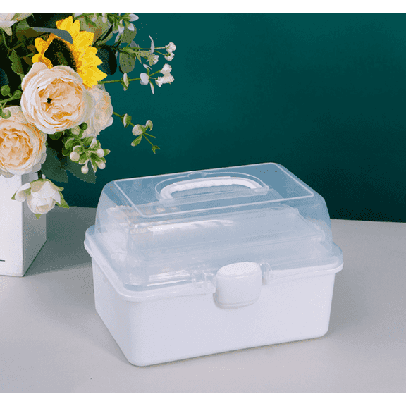 Scheam Portable Three-Layer Folding Organizer Box with 2 Trays– Ideal for Art & Crafts, Sewing Supplies, Medicine, and First Aid,White