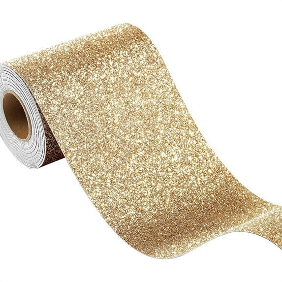 Scheam Removable Sparkle Sequins Wall Border,1 Pcs Glitter Fabric Wallpaper Border,4"x 120" Self Adhesive Contact Paper,Straight Border Stickers,Bulletin Board Decorative Border,Gold