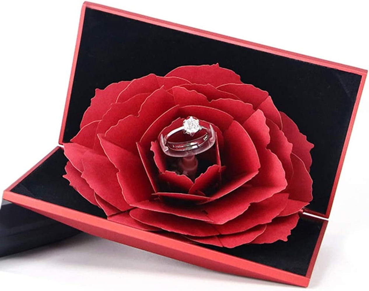 Scheam Rose Flower Engagement Ring Box 3D Pop Up Rose Ring Box