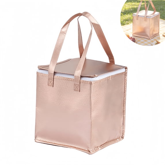 Scheam Large Insulated Pizza Bag Rose Gold Aluminum Foil Cake Thermal Bags with Zipper and Handles Portable Food Storage Delivery Bag,Reusable for Camping Picnic Takeaway 1Pcs