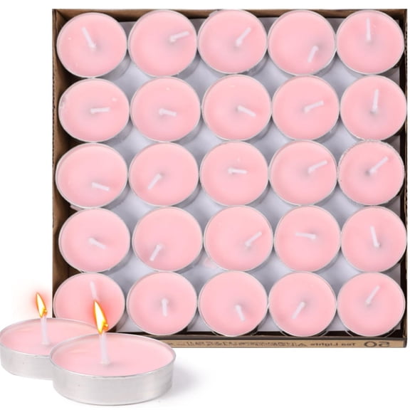 Scheam Round Paraffin Wax Candles 50 Pcs Mini Tea Lights Bulk Dripless Unscented 2 Hour Long Lasting Candles for Home Table Centerpiece Valentine Wedding Anniversary Birthday Decor (Pink)