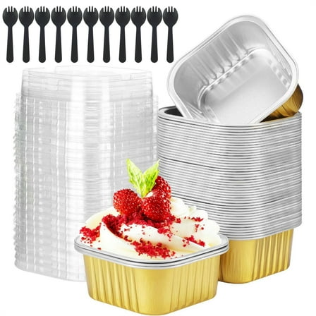 Scheam Set of 30 Aluminium Foil Cake Pans with Lids and Spoons Mini Square Cupcake Cups Dessert Box Disposable Baking Containers for Pudding Bread Muffin,Party Supplies (Gold)