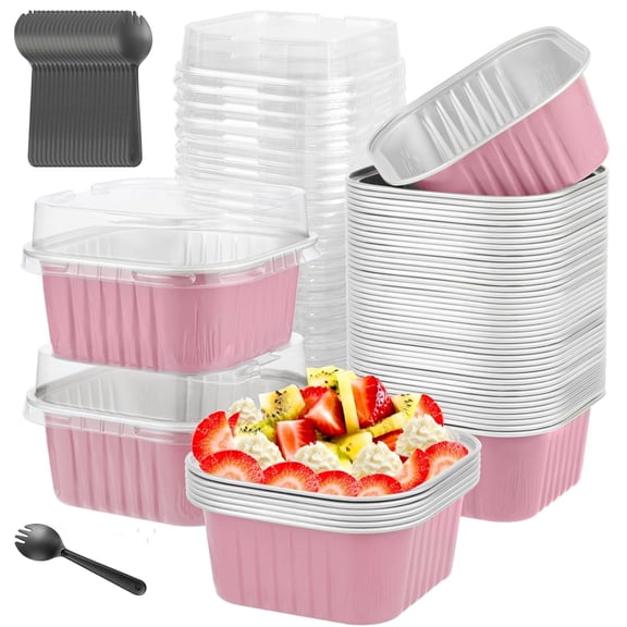 Scheam Set of 30 Mini Square Cake Pans with Lids and Spoons Aluminium Foil Dessert Box Cupcake Cups Disposable Baking Containers for Bread Muffin Pudding,Party Supplies (Pink)
