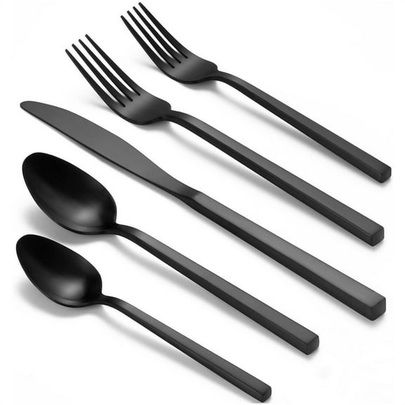 Scheam Set of 5 Matte Satin Finish Flatware Set,Black Stainless Steel Cutlery Set,Modern Kitchen Utensils Set,Long Handle Forged Tableware,Dishwasher Safe,for Home Restaurant