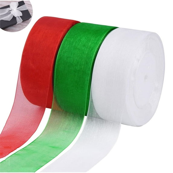 Scheam Sheer Chiffon Ribbons for Christmas Red White Green 3 Rolls Organza Ribbon Gift Wrapping Decorations for Holiday Table Arrangements Christmas Tree DIY Crafting (1.5" x 150yards)