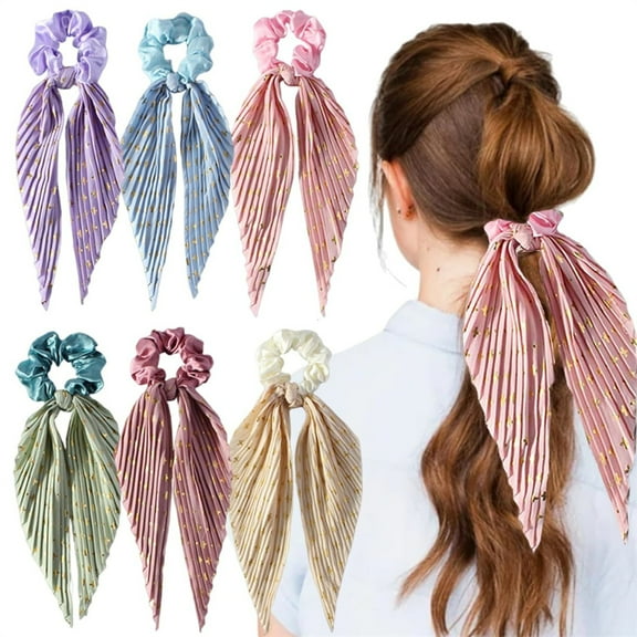 Scheam Silky Satin Chiffon Hair Ties,6 Pcs Hair Scrunchies with Long Ribbon Bow Tail,Elegant Ponytail Holders Rubber Bands Accessories for Women Girls Party Birthday Gift (Multicolor)