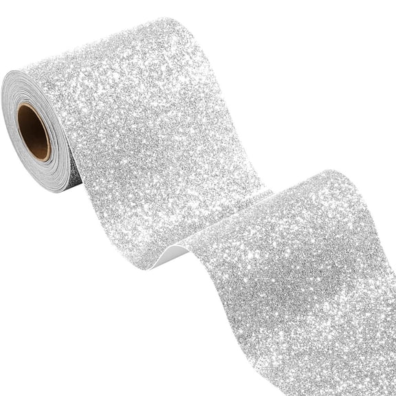 Scheam Silver Glitter Wallpaper Border,Bulletin Board Borders,Self Adhesive Sparkle Sequins Wallpaper,Removable Contact Paper,for Mirror Cabinets Dressers Ceiling Stairs 1 Roll 4"x 120"