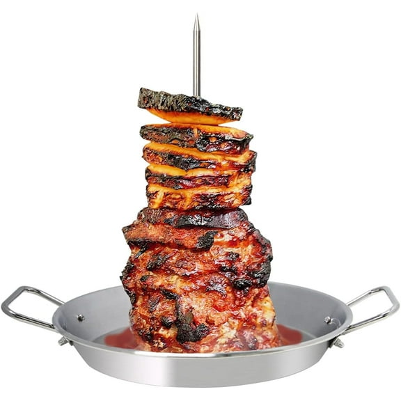 Scheam Silver Vertical Skewer for Grill-Stainless Steel Skewer Brazilian Vertical Spit Stand for Tacos Al Pastor, Shawarma, Kebabs, Gyros- BBQ Grilling Accessory with 3 Removable Spikes (8/10/ 12)