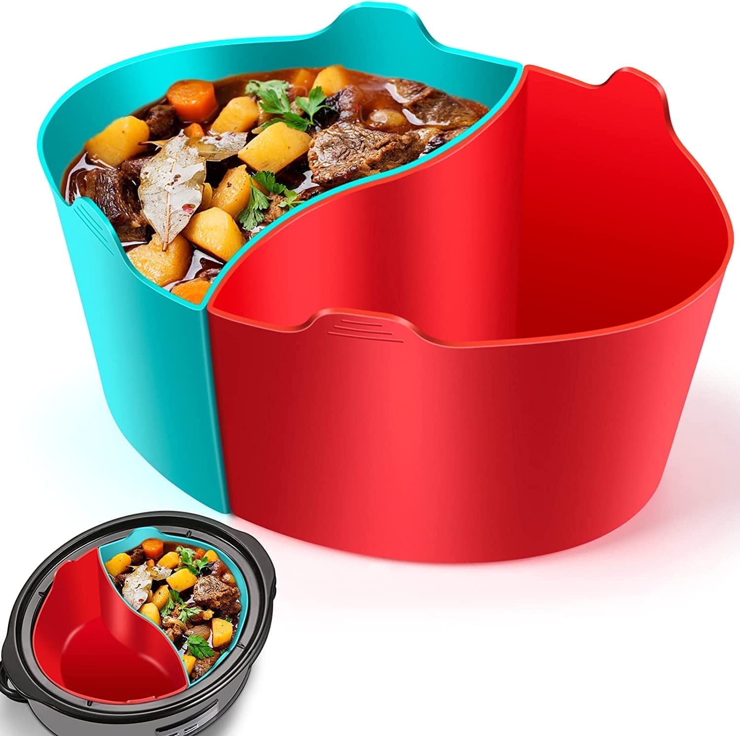 Scheam Slow Cooker Liners Compatible for Crock Pot Liners For 6 Quart Elliptic Slow Cookers, Reusable Silicone Slow Cooker Liner For Crock Pot Divider Insert, Blue & Red
