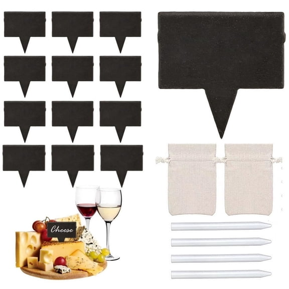 Scheam Square Cheese Labels for Charcuterie Board,Black Cheese Name Tag,Slate Markers,Cake Inserts,Dessert Toppers,Chalkboard Picks,Come with Linen Bags & Pen,for Party Dinner 12 Pcs