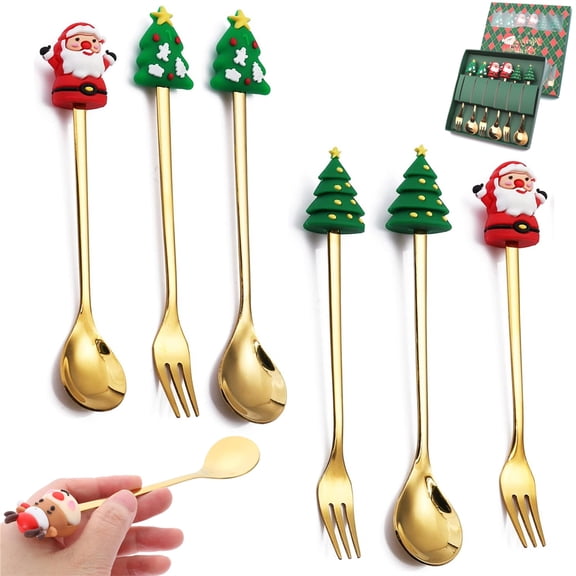 Scheam Stainless Steel Gold Utensils Xmas Spoon and Fork Set in Green Gift Box Cute Santa Cutlery Set Long Handle Spoon Dessert Cake Fork for Holiday Party Table Dinner 6 Pcs