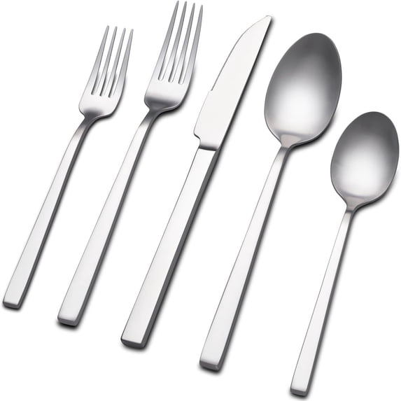 Scheam Stainless Steel Tableware Set,5 Pcs Matte Satin Finish Flatware,Mirror Polished Cutlery Set,Knives Forks and Spoons Set for Home Kitchen Restaurant, Dishwasher Safe (Silver)