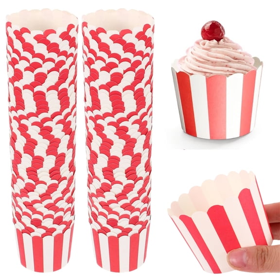Scheam Stripes Cupcake Liners 100 Pcs Disposable Baking Paper Cups 2.3" Small Cake Wrappers Muffin Liners Pastry Popcorn Containers for Birthday Christmas New Year Party (Red and White)