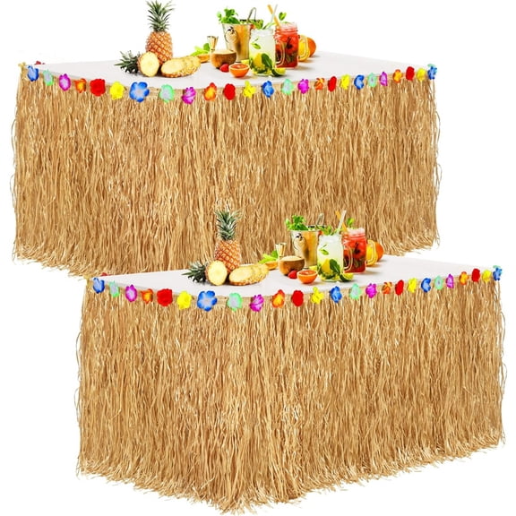 Scheam Thickened Grass Table Skirt with Hibiscus Flowers,2 Pcs Tropical Grass Table Skirt,Plastic Fringe Streamers,Straw Desk Skirt,for Summer Beach Hawaiian Costume Party 9 Feet x 29.5"