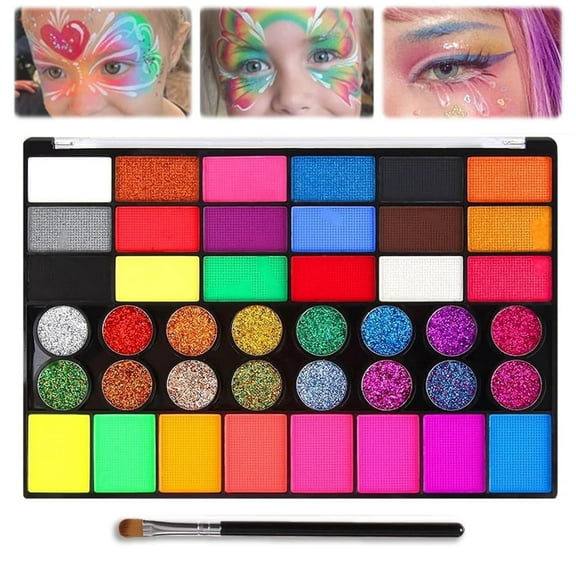 Scheam Washable Face Paint,Non-Toxic Stage Makeup Pigments,Face Painting Kit,Glitter Watercolor Paint,Come with Flat-top Brush,Best Gift for New Year Birthday Festival (42 Colors)