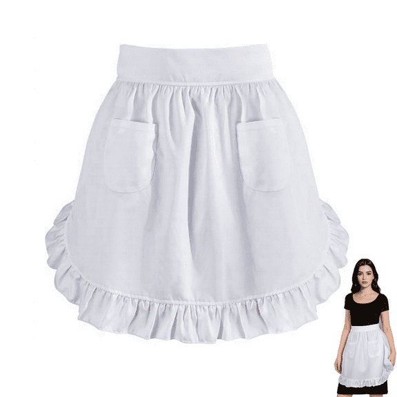 Scheam White Ruffle Apron,1 Pcs Women's Waist Half Aprons,Cooking Short Aprons with 2 Pockets,Vintage Waitress Costume Apron,Cute Frilly Apron with Long Ties,for Kitchen Party