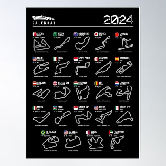 Schedule Formula Racing Cars 2024 (B&W) Poster Wall Art, Modern Wall Decor, 8x12 UNFRAMED