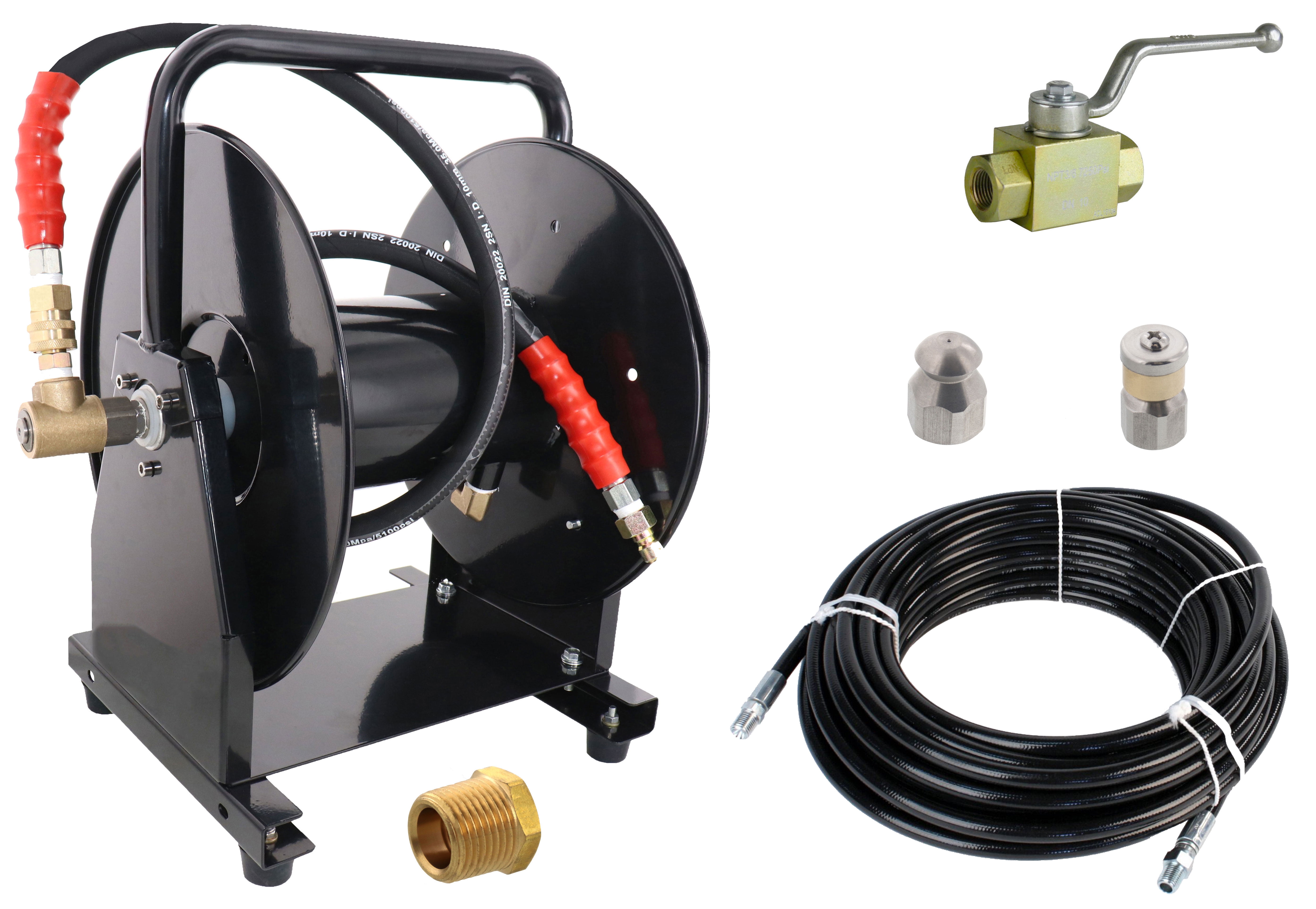Scheiffer Sewer Jetter Kit - Ball Valve Hose Reel 1/4 x 100' Hose and  Nozzles 