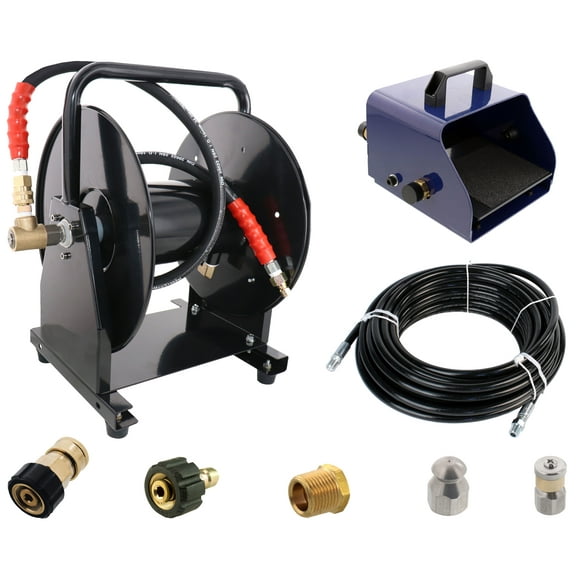 Scheiffer Sewer Jetter Kit - Foot Pedal Hose Reel 1/4" x 100' Hose and Nozzles