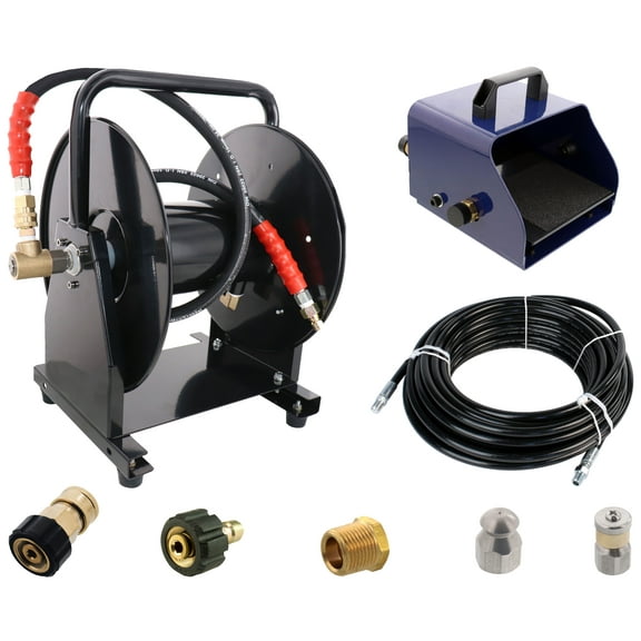 Scheiffer Sewer Jetter Kit - Foot Pedal Hose Reel 1/4" x 200' Hose and Nozzles